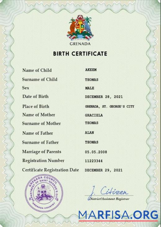 Blank Grenada vital record birth certificate PSD template